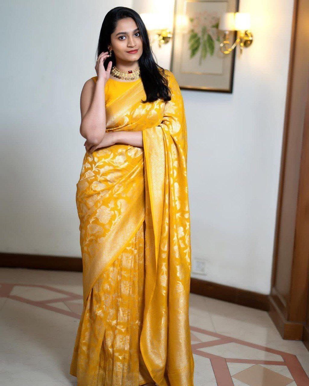 Radiant Yellow Wedding Saree Soft Silk with Rich Jacquard Weave Pallu indian