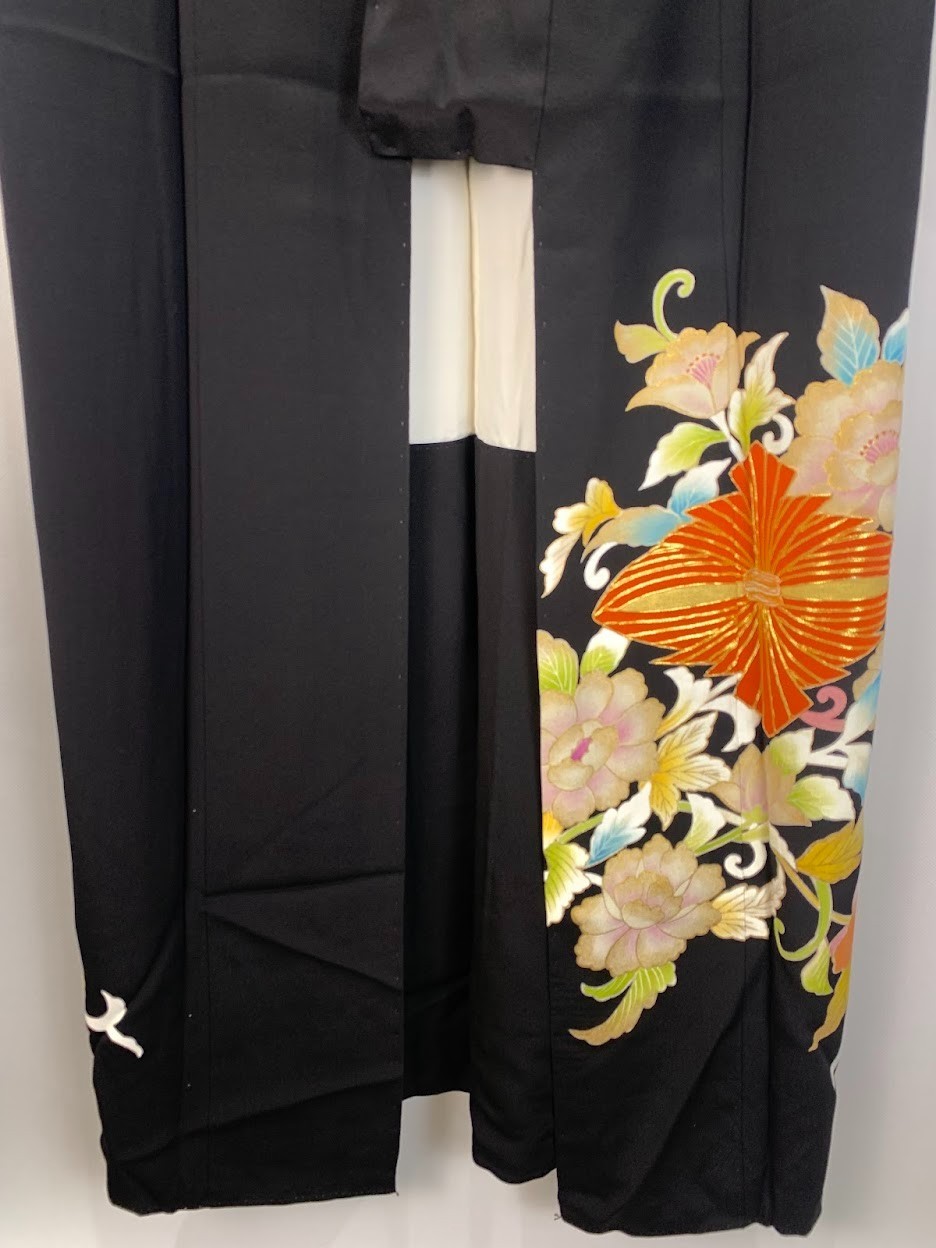 Vintage Japan Silk Kurotomesode Kimono Dress M Black Peony Yuzen Kinsai Gift Fed