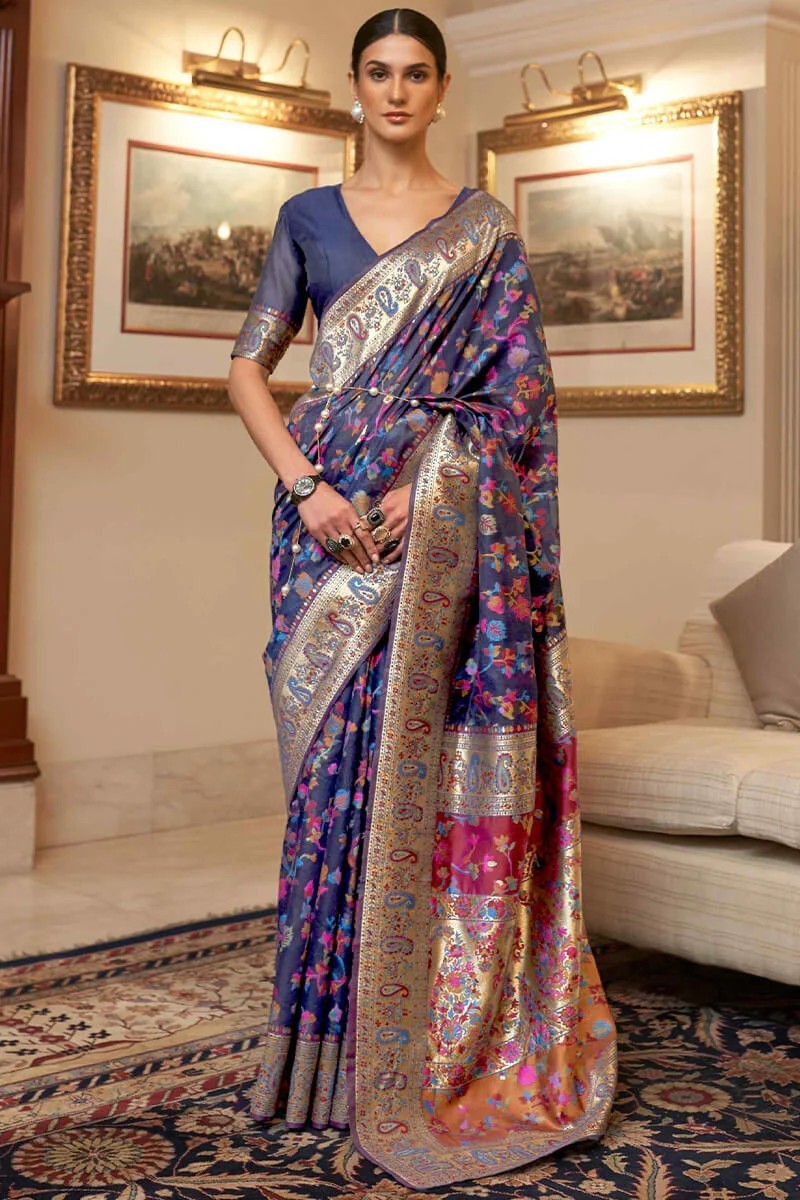 Women’s Premium Dark Blue Kashmiri Pashmina Modal Silk Saree With Blouse Piece