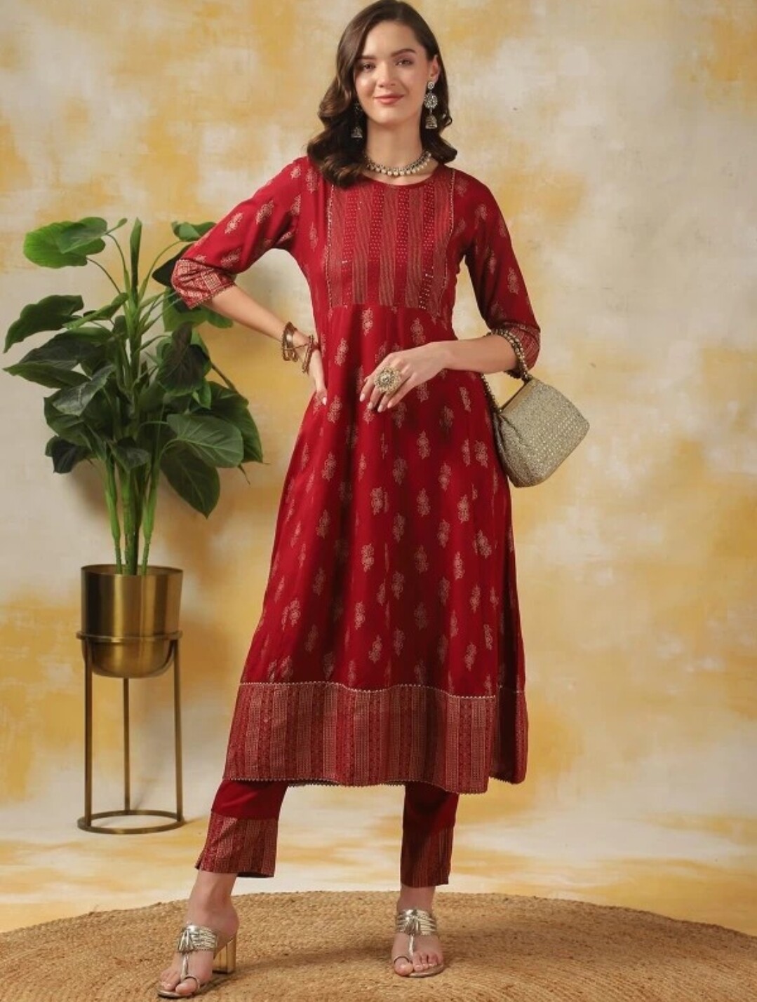 Indian Ethnic Wear;Women Maroon Gotta Patti Viscose Rayon Kurta with Trousers.