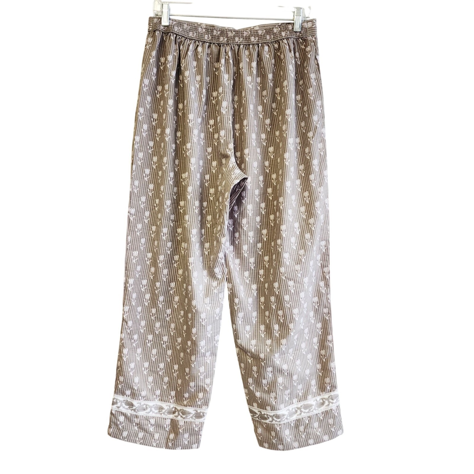 Floral Beige White Kurta Pant Set Lace Trim Details Size Ethnic Lightweight