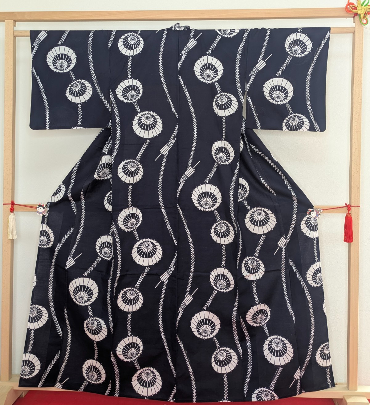 Japanese Kimono Cotton Yukata Navy Blue White Umbrella Leaves Summer Wear