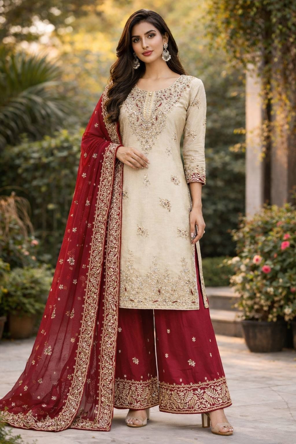 New Launching Heavy Silk Top Palazzo With Maroon Dupatta For Function Wear