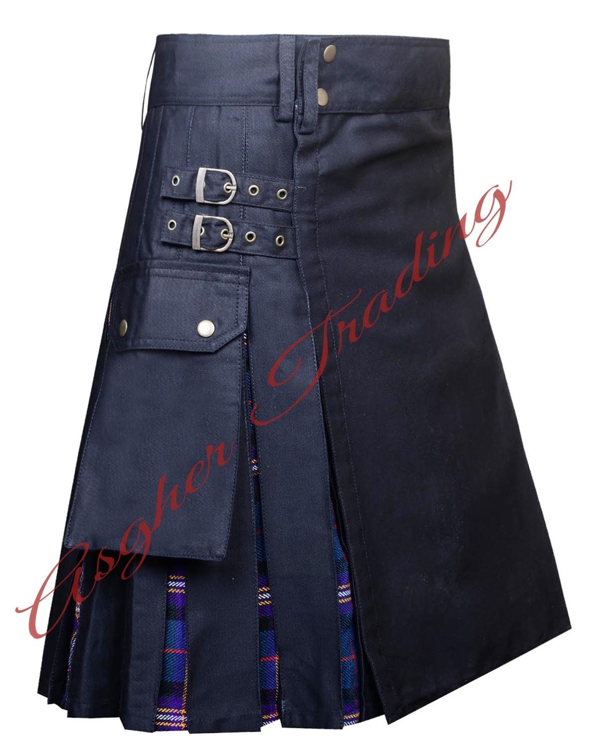 Handmade Black With Masonic Tartan Hybrid Utility Kilt – Men’s Custom Size Kilts