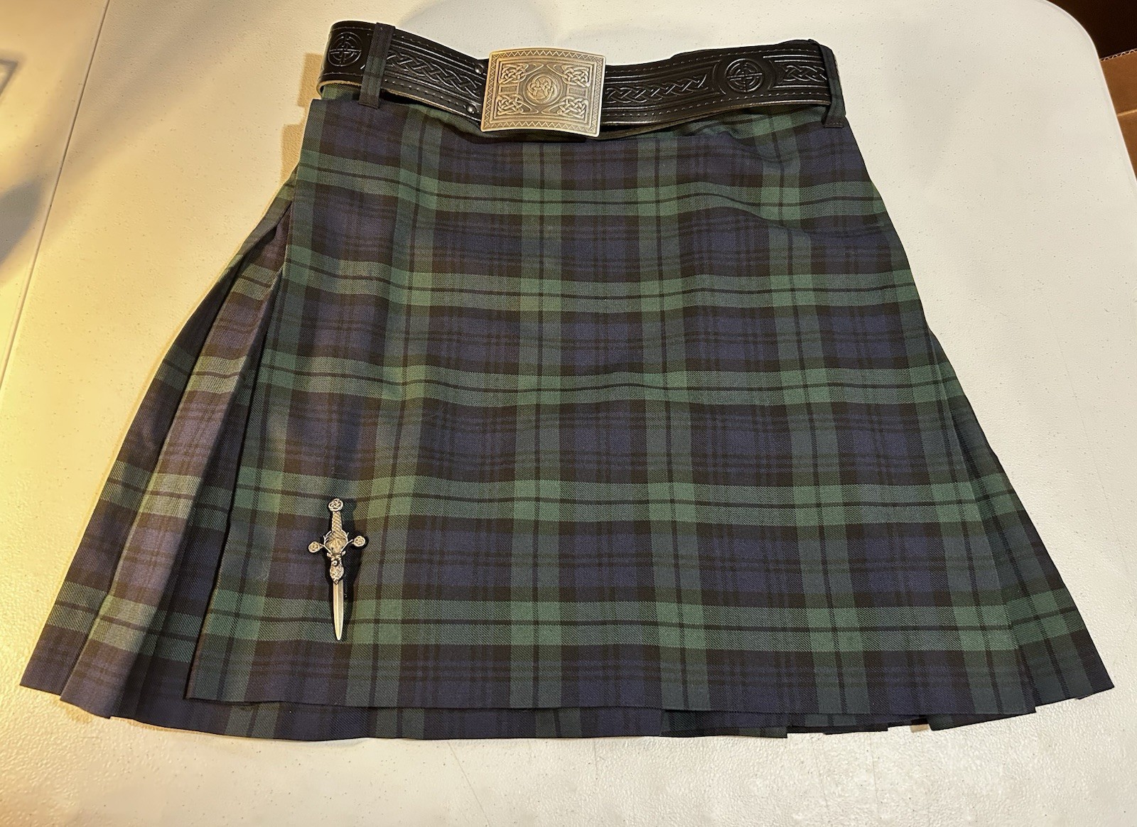USA Kilts Tartan Kilt Black Leather Celtic Embossed Belt Pewter Stag Pin
