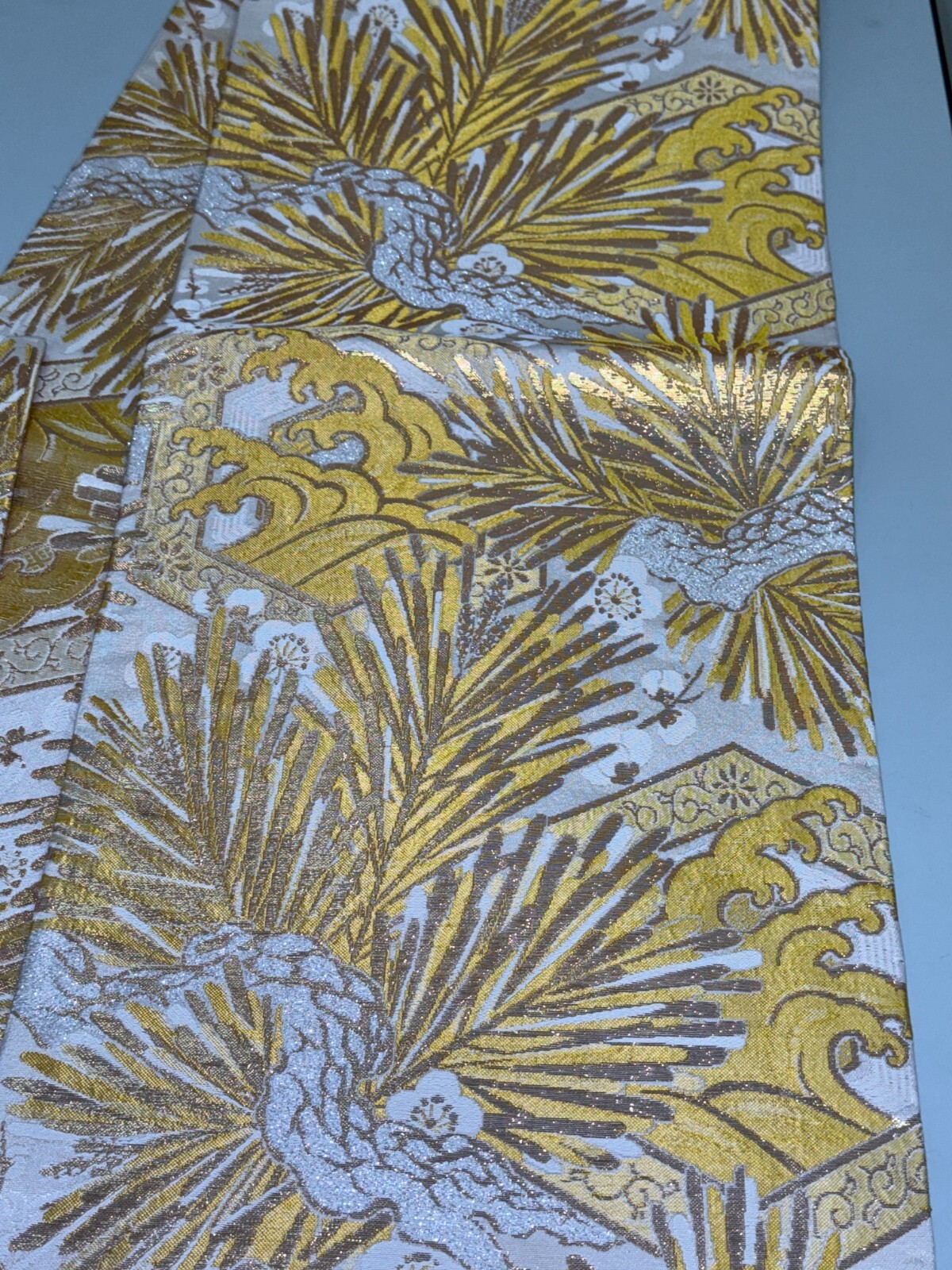 Japanese Vintage Kimono Maru Obi silk Gold Embroidery Reversible 153.5×11.8in