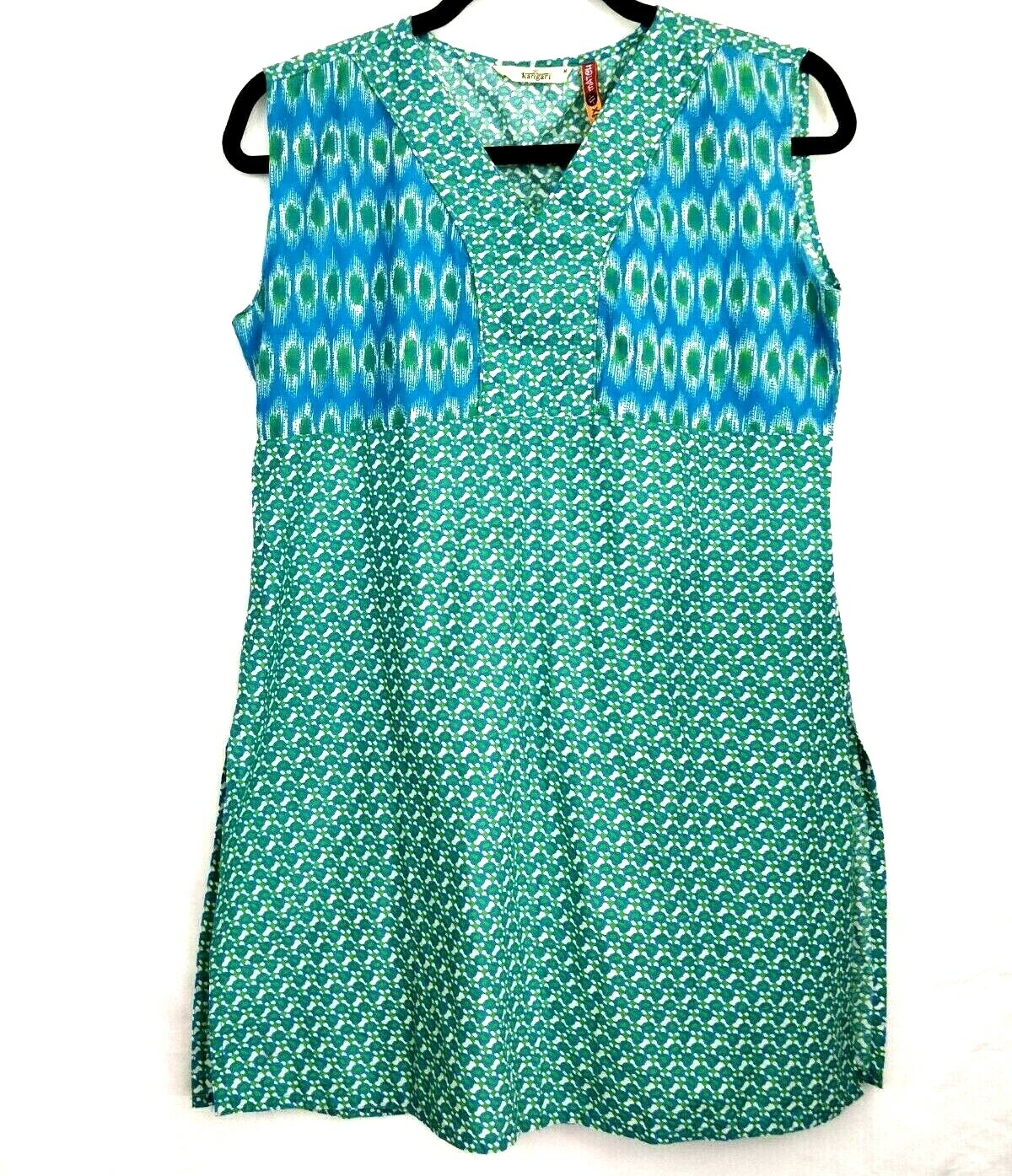Karigari green Fine Indian Cotton Turquoise Kaftan Kurta Kurti Sz M