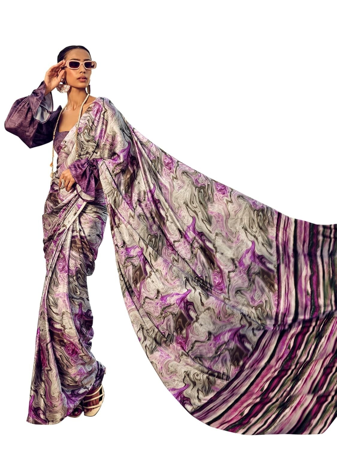 Women’s Satin Silk Abstract Printed Saree With Unstitched Blouse Piece