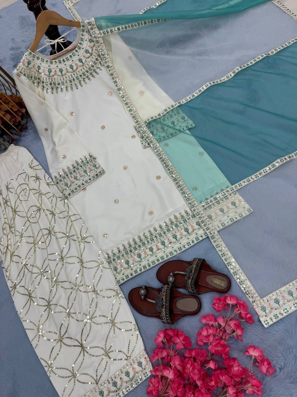 Luxury Natural Crepe Embroidered Top & Farshi Plazzo Set with Organza Dupatta