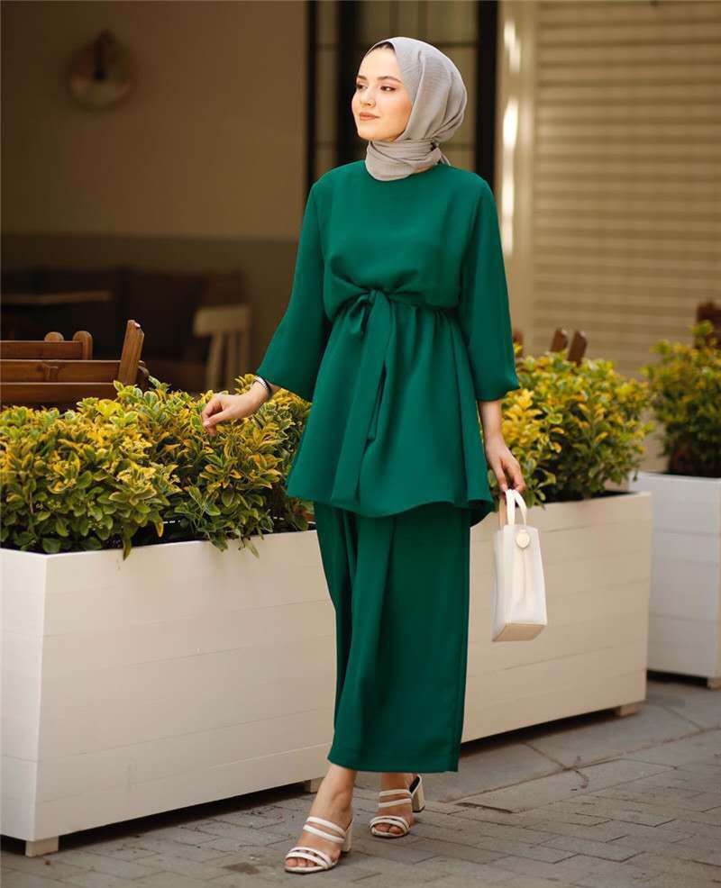 Dubai Muslim Women Long Sleeve Blouse Pants Outfits Two Piece Set Abaya Kaftan