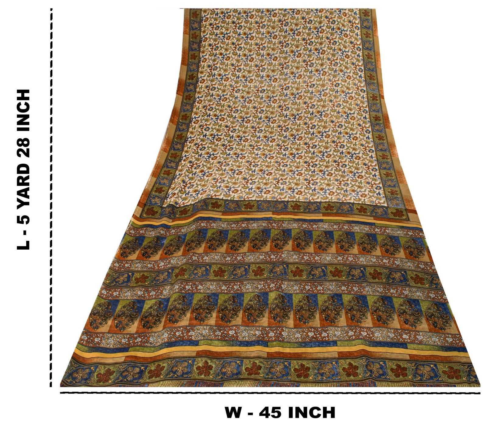 Sanskriti Vintage Ivory Moss Crepe Saree Floral Printed Craft Fabric 5+Yard Sari