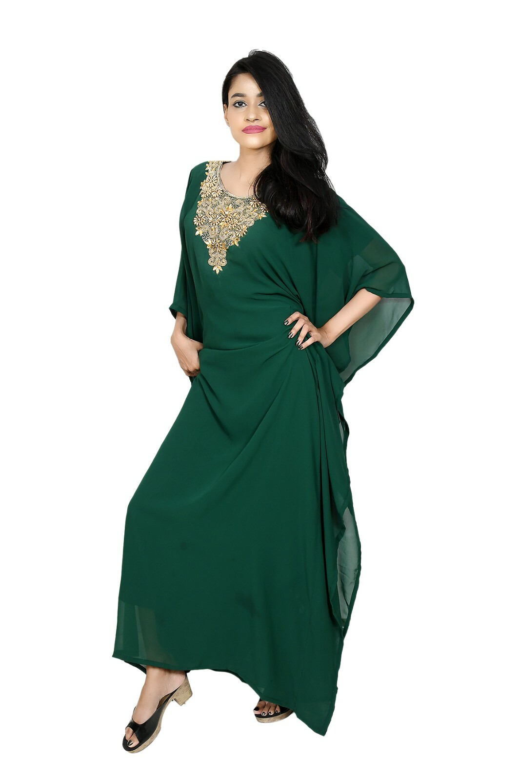 Dubai long green embellished kaftan, Arabic caftan, Farasha ,
