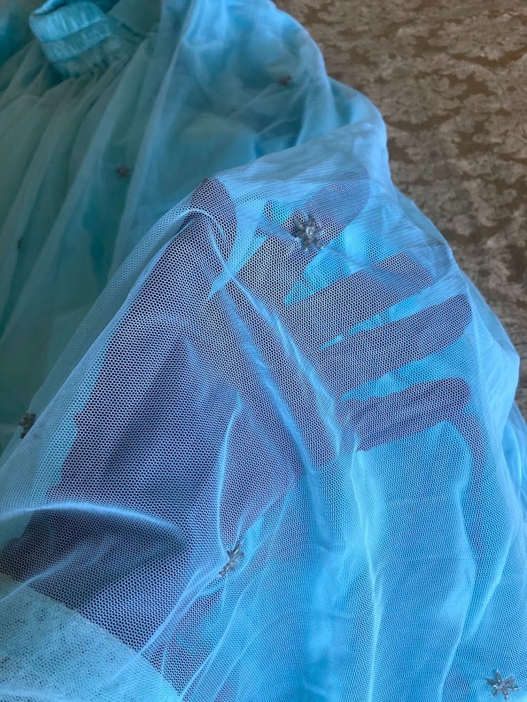 Vintage Indian Sky Blue Tulle Lehenga Skirt Glass Bugle Bead Silver Zardozi 44″
