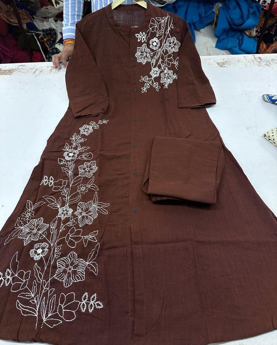 Indian Cotton Slub Kurti with Pant Set Women Party Wear Ethnic Kurta Cord Set