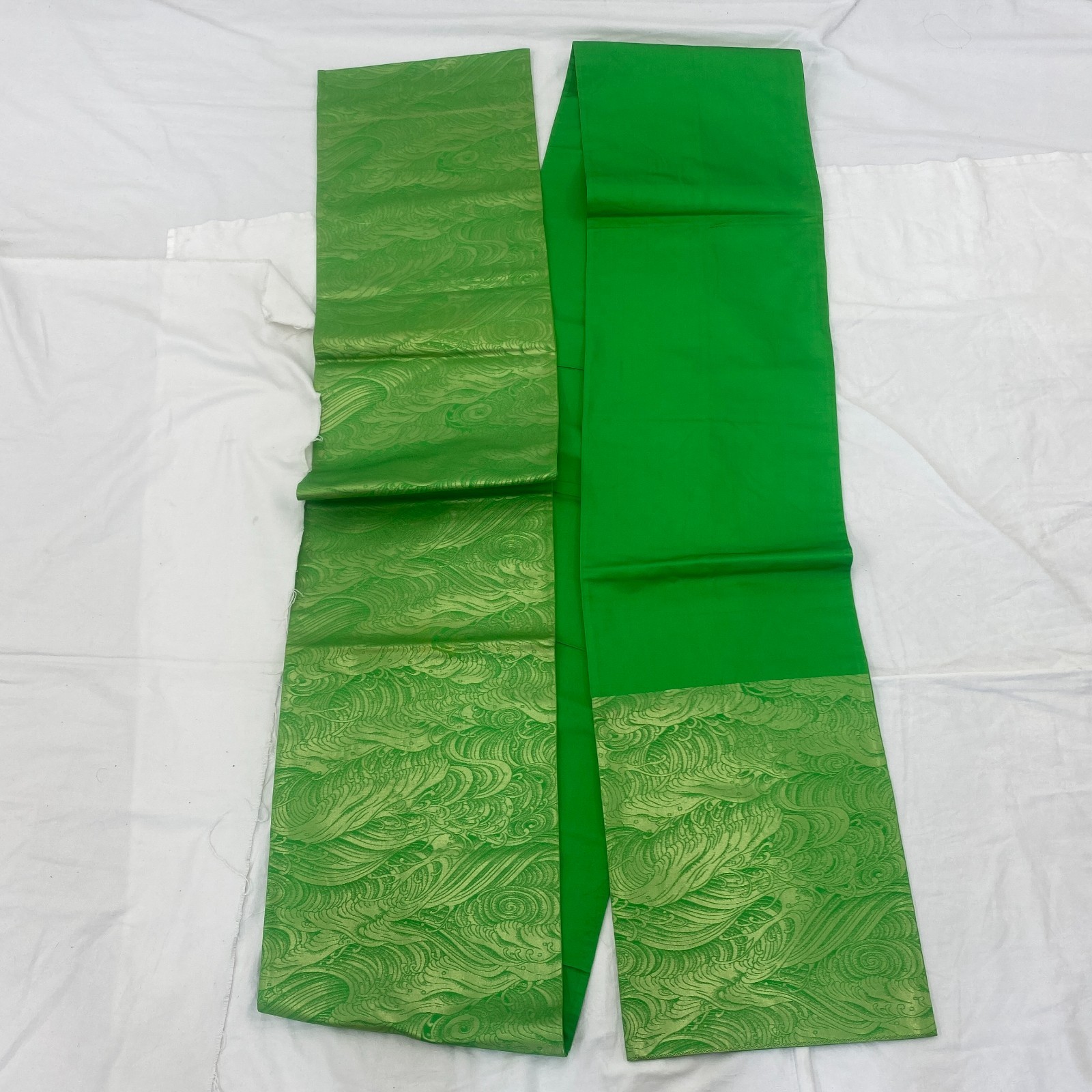 Japanese Vintage Kimono Fukuro Obi Silk Green Traditional Authentic 163 x 12 in