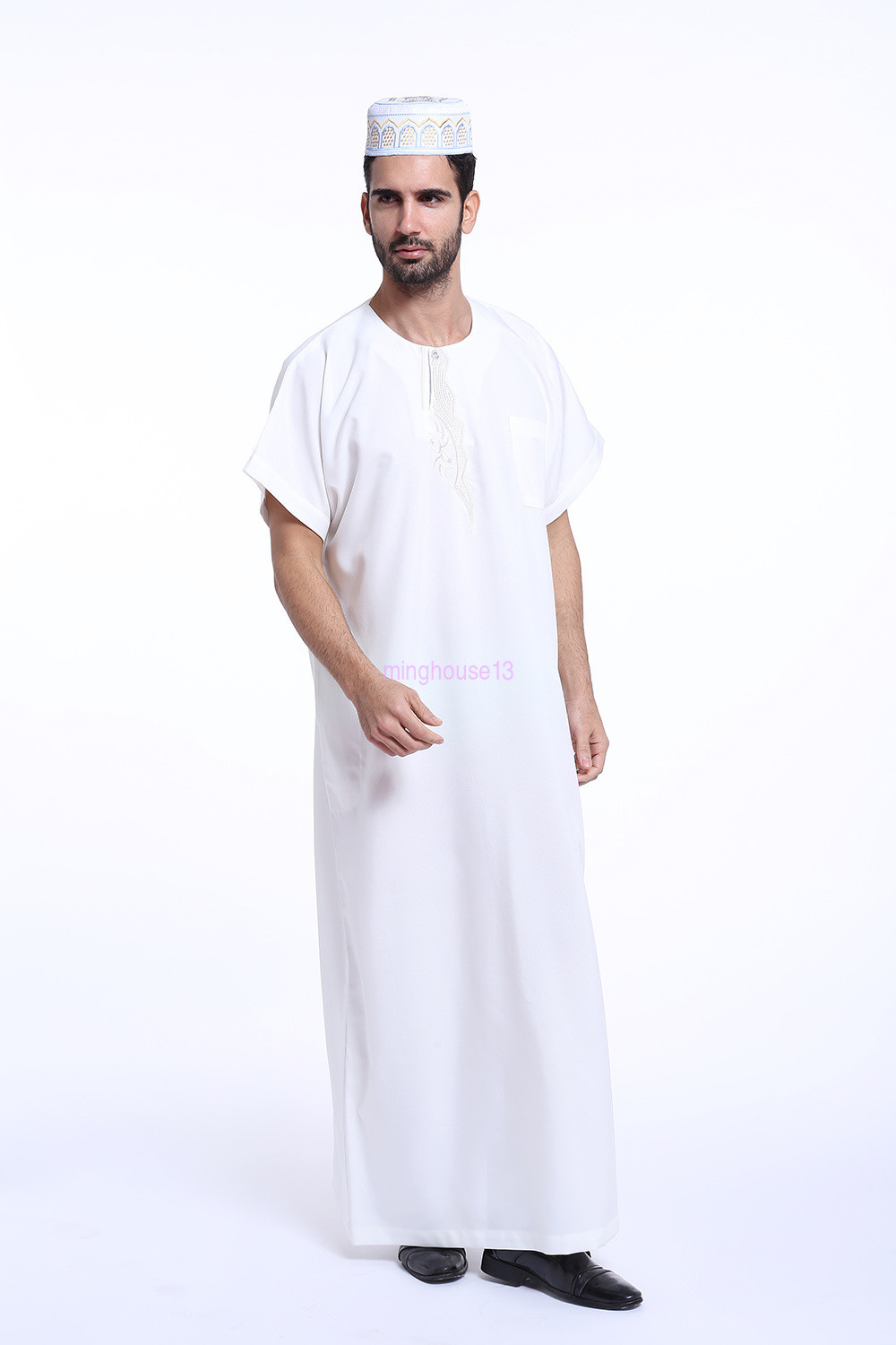 Saudi Men Thobe Jubba Thoub Short Sleeve Kaftan Dishdasha Abaya Muslim Men Robe