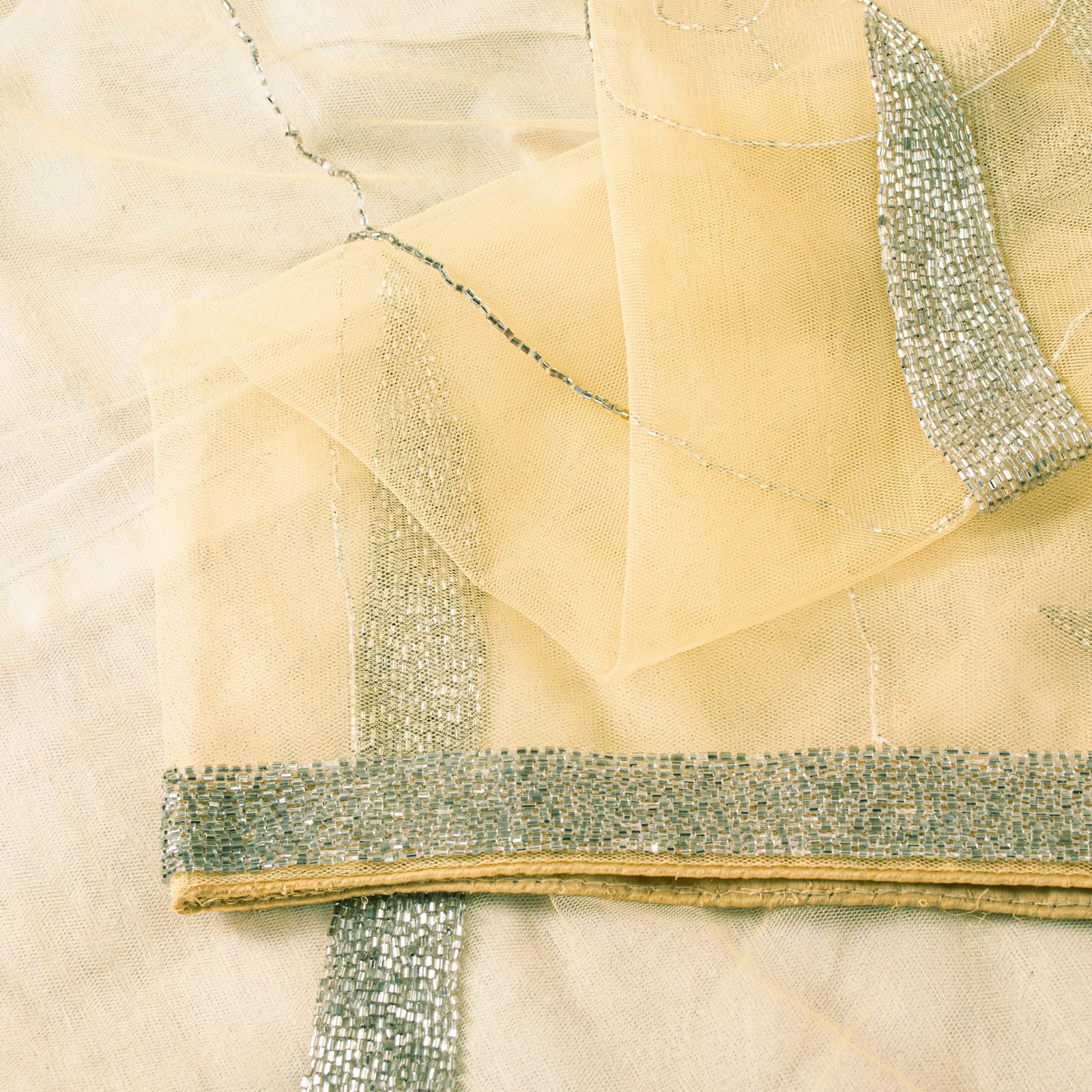 Sanskriti Vintage Yellow Net Mesh Saree Hand Glass Bead 6+Yd Fabric Wedding Sari