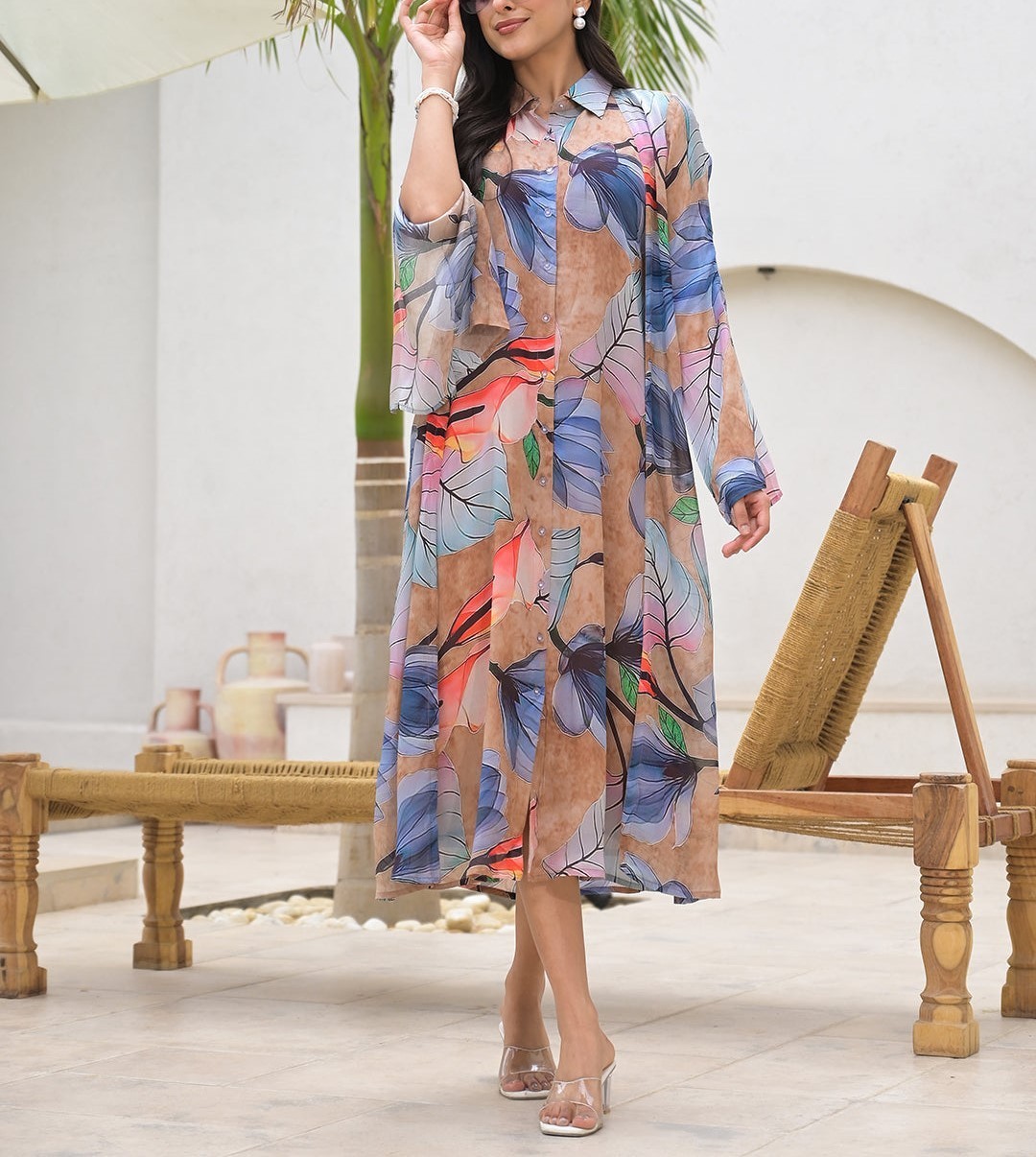 Blue Multi Digital Printed Chinon Kaftan for Women | Boho Beach Resort Dress