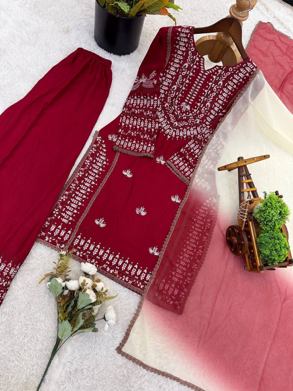 New Launch Rayon Cotton Maroon Salwar Kameez With Dupatta For Indian Party Wear