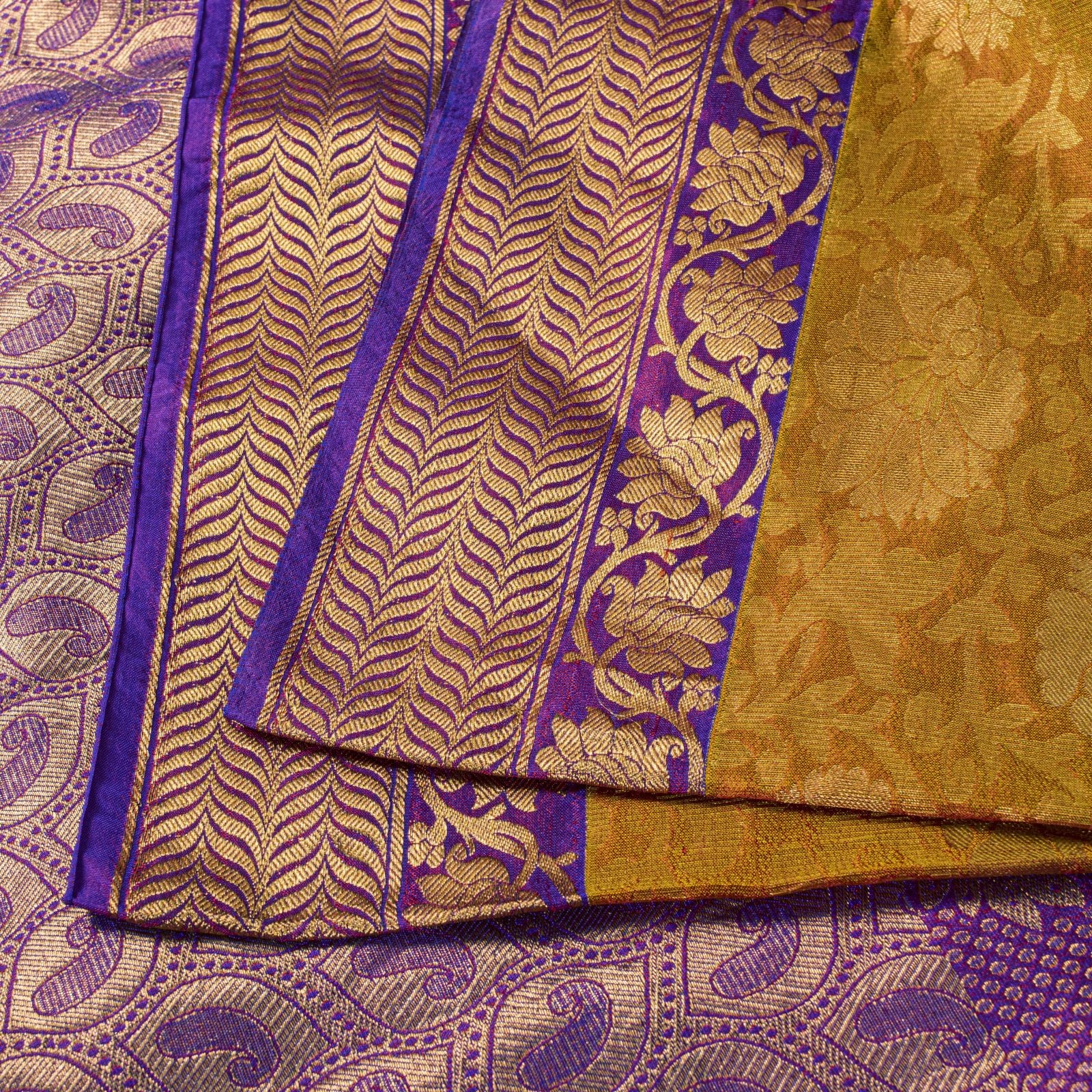 Sanskriti Vintage Saree Yellow-Purple Art Silk Brocade Zari Hand Woven Sari 5+Yd