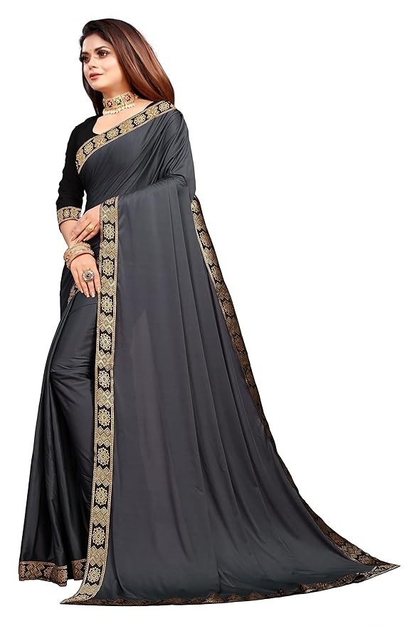 Women’s Lycra Plain Jacquard Lace Border Gorgeous Saree with Blouse Piece AN5