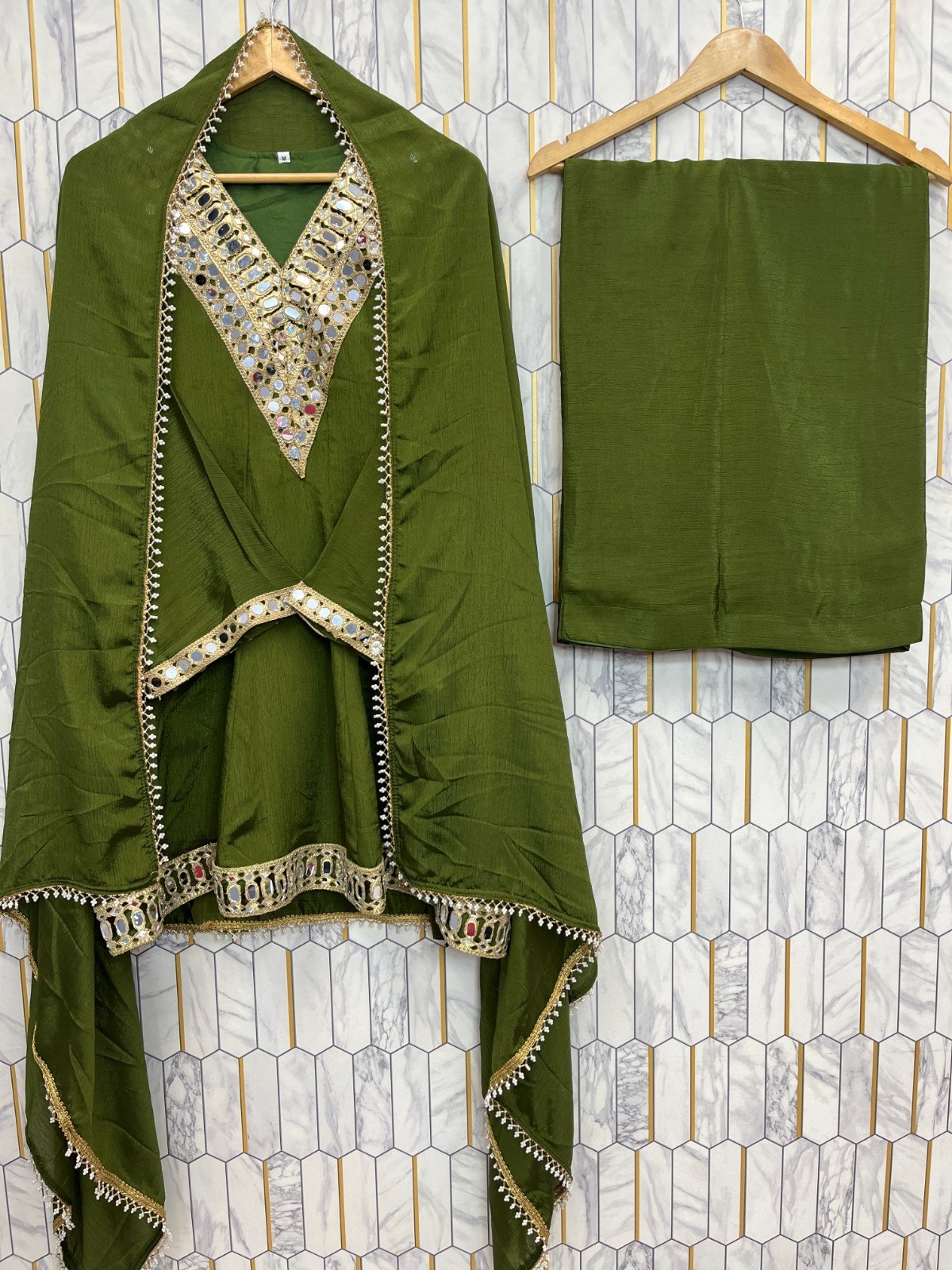 MAHENDI SPECIAL REAL MIRROR WORK ON SILK FABRIC TOP AND PLAZZO WITH DUPATTA SET