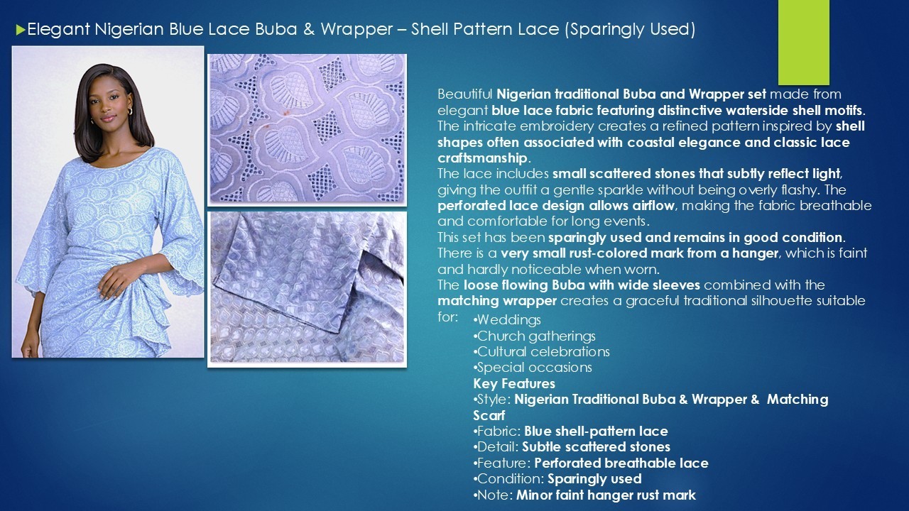 Elegant Nigerian Buba Womens Blue Shell Pattern Lace Classic with Matching Scarf