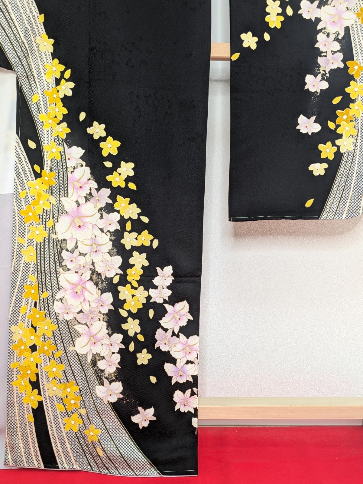 Japanese Kimono Silk Furisode Black Yellow & Purple Flowers Vertical Waves Art