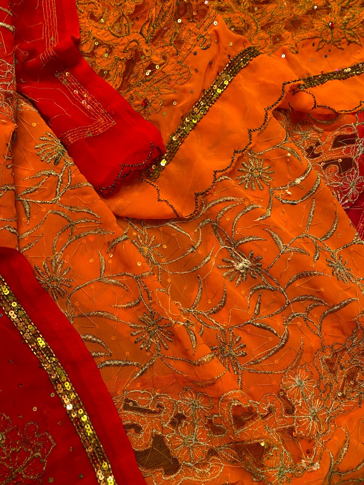 Vintage SARI Wrap ORANGE SHeer Chiffon Embroidery SEQUIN Fabric 6 yds 45″ Red