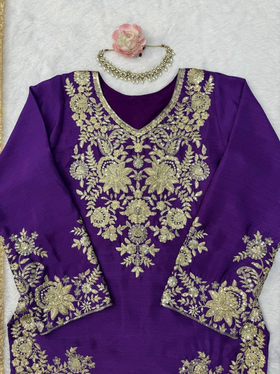 Premium Designer Purple Chinnon Silk Kurta Palazzo With Dupatta For Women