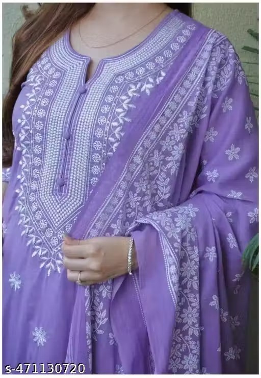 3 PCS Lavendar Floral Rayon Kurta Pant Dupatta Set For Women Pure Cotton Gift