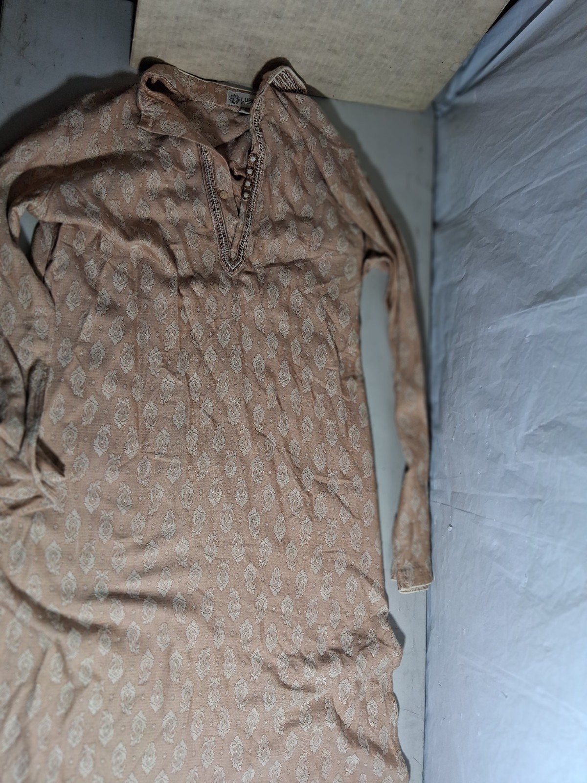 Indian Lubnan Ethnic Wear Tan & Cream Patterned Long Kurta / Tunic (Size 40)