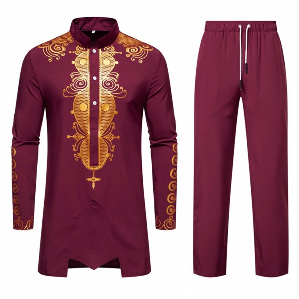 Men’s African 2 Piece Set Traditional Shirt and Pants Set Suit Middle East Suit