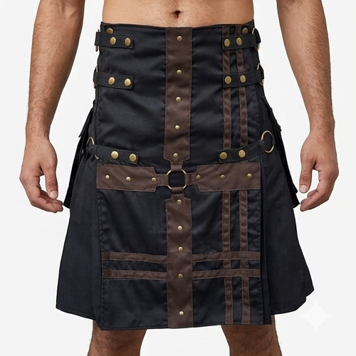 Men’s Scottish Black and Brown Pocket Utility kilt Highland Kilt 28′ to 60″