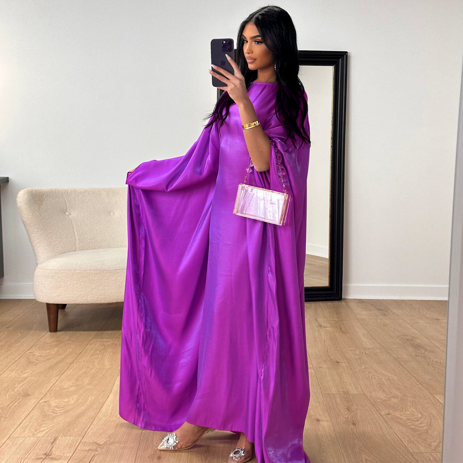 Women Shiny Dress Fashion Muslim Arab Robe Loose Bat Sleeved Round Neck Burqas