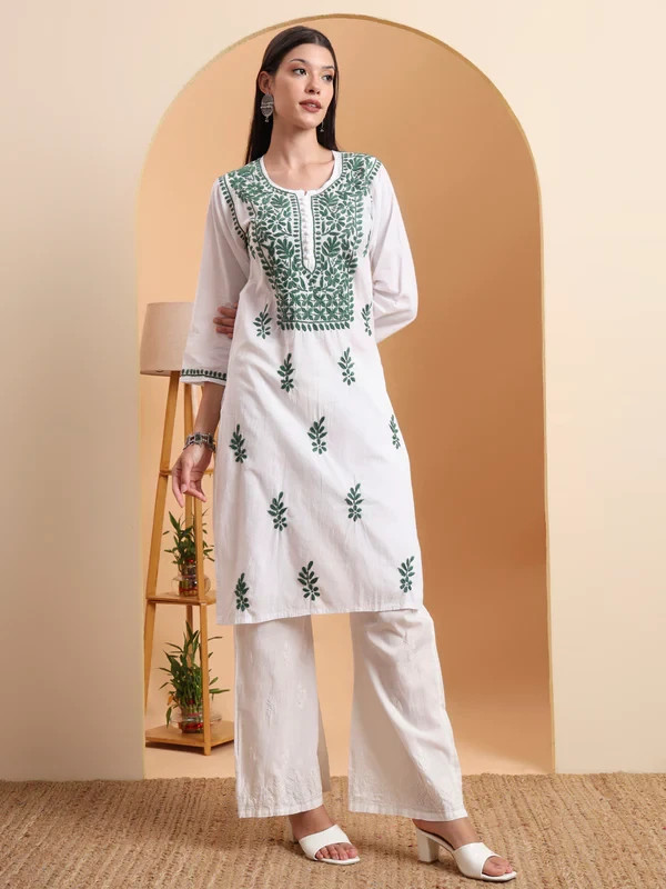 White Mulmul Cotton Kurta with Green Embroidery | Handcrafted Indian Ethnic Wear