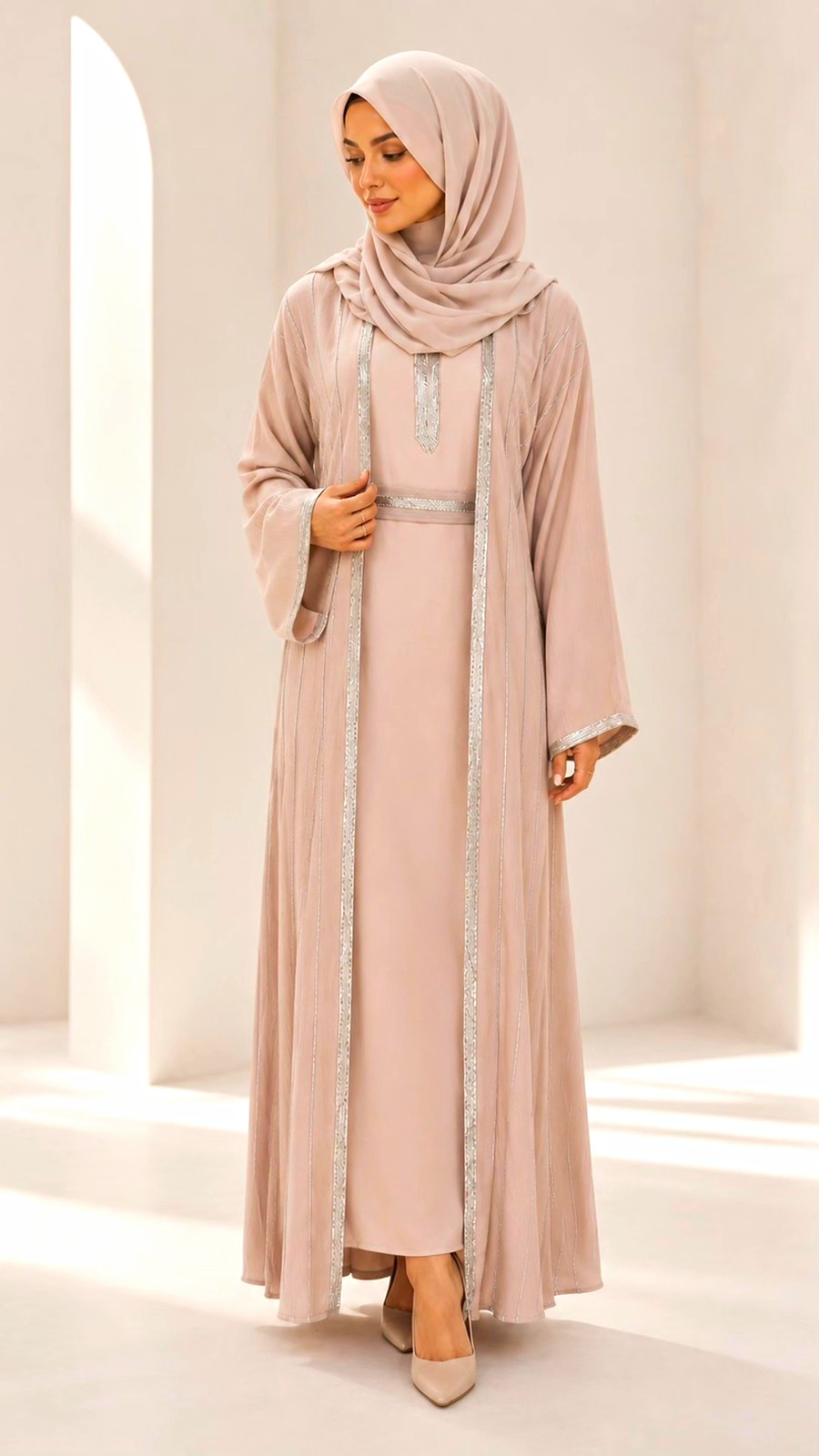Women Beige Kaftan Robe Embellished Trim One Size Chiffon Polyester