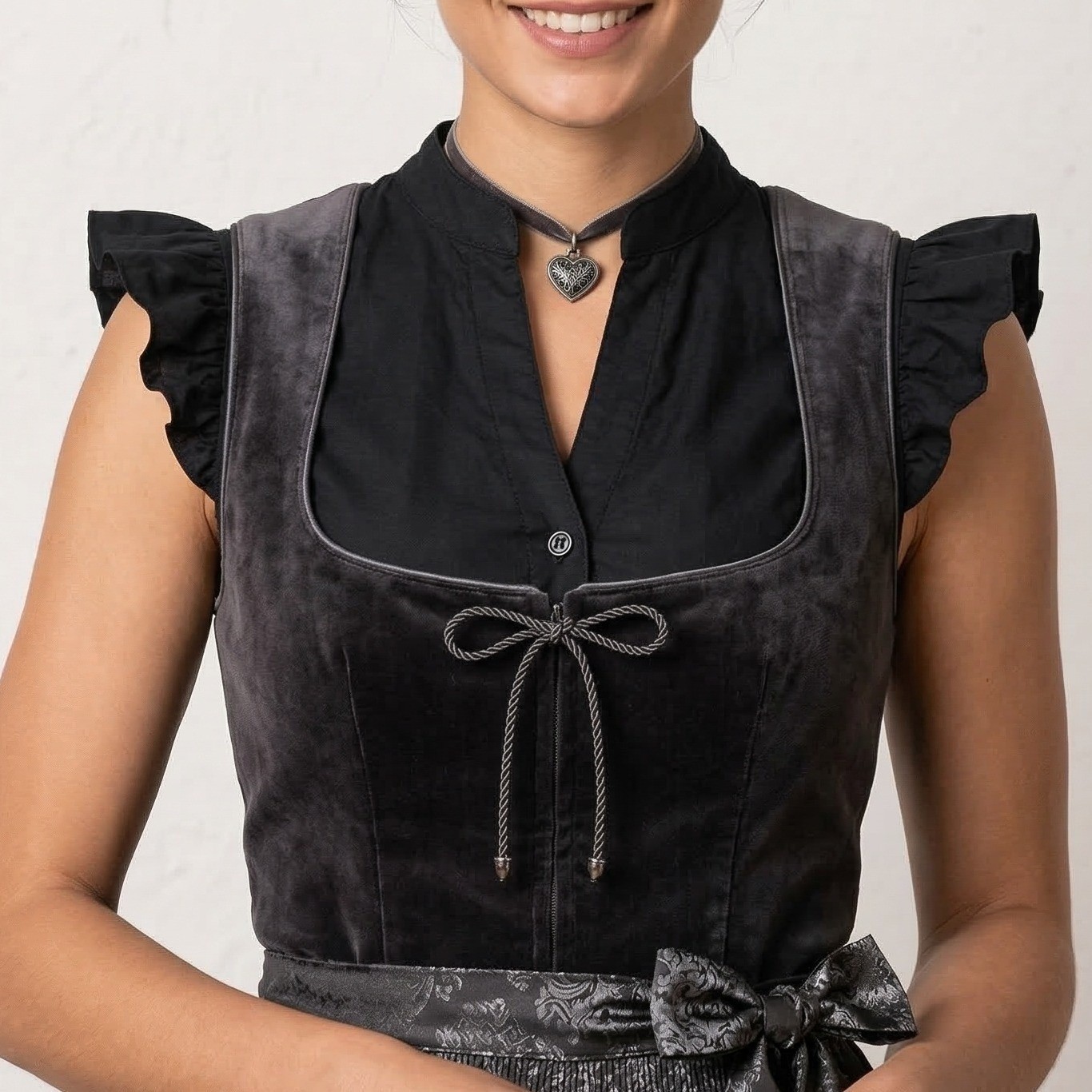 New XL Black Ruffle Sleeve Dirndl Undershirt Top Oktoberfest V Neck Blouse