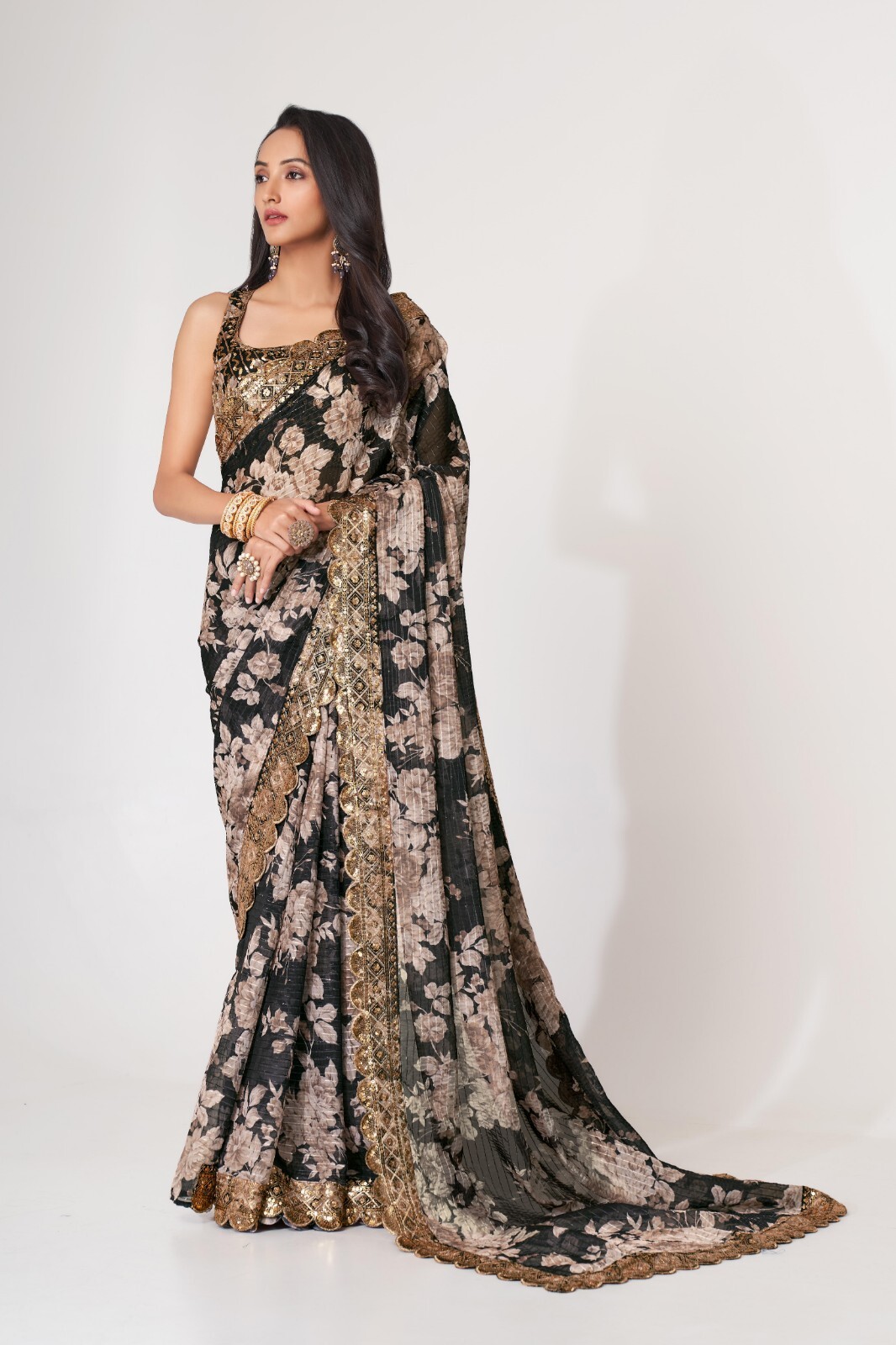 Pretty Organza Sequins Embroidery And Digital Print Work Floral Saree For women