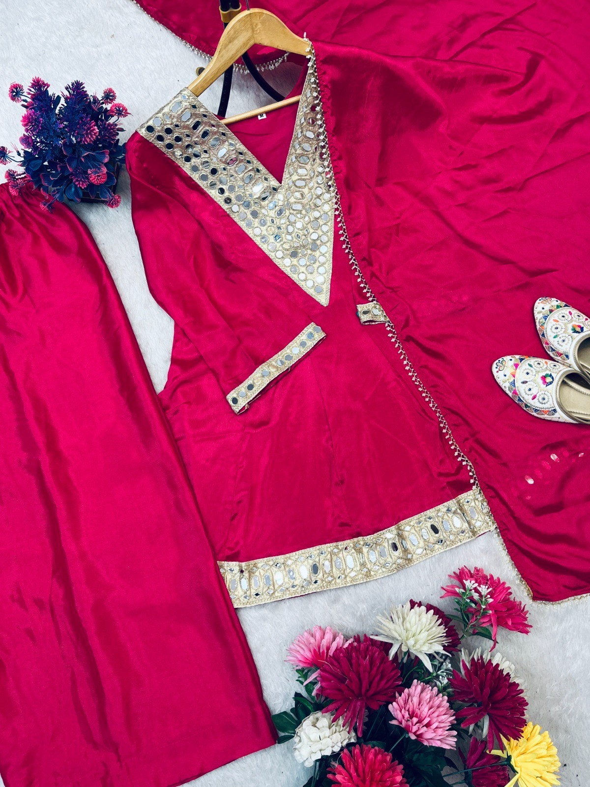 FESTIVAL SPECIAL MIRROR WORK ON SILK PINK FABRIC TOP AND PLAZZO WITH DUPATTA SET