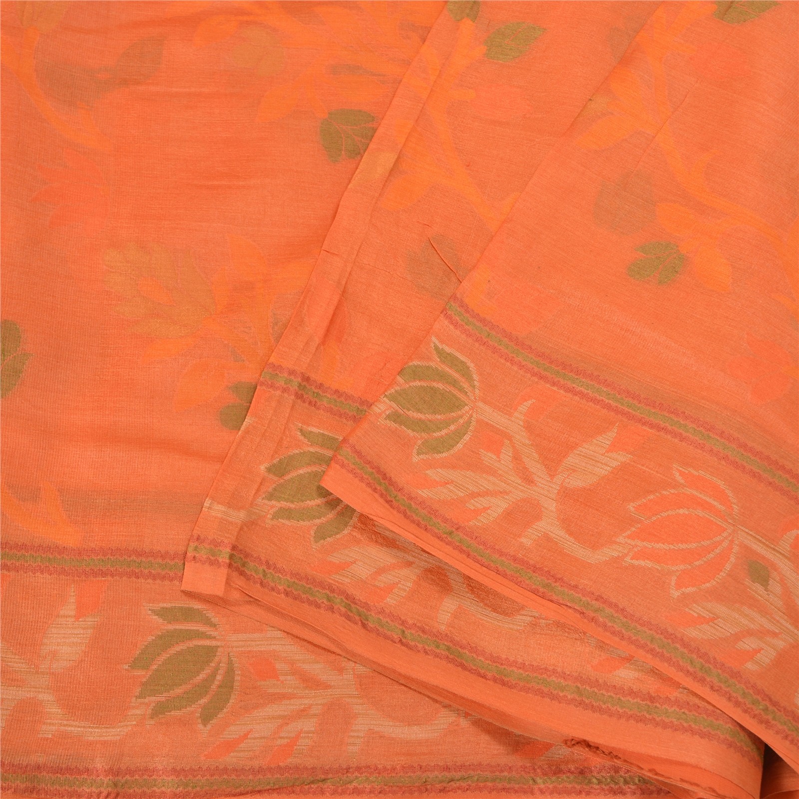 Sanskriti Vintage Orange Sarees Pure Silk Hand Woven Sari 5Yd Handloom Fabric