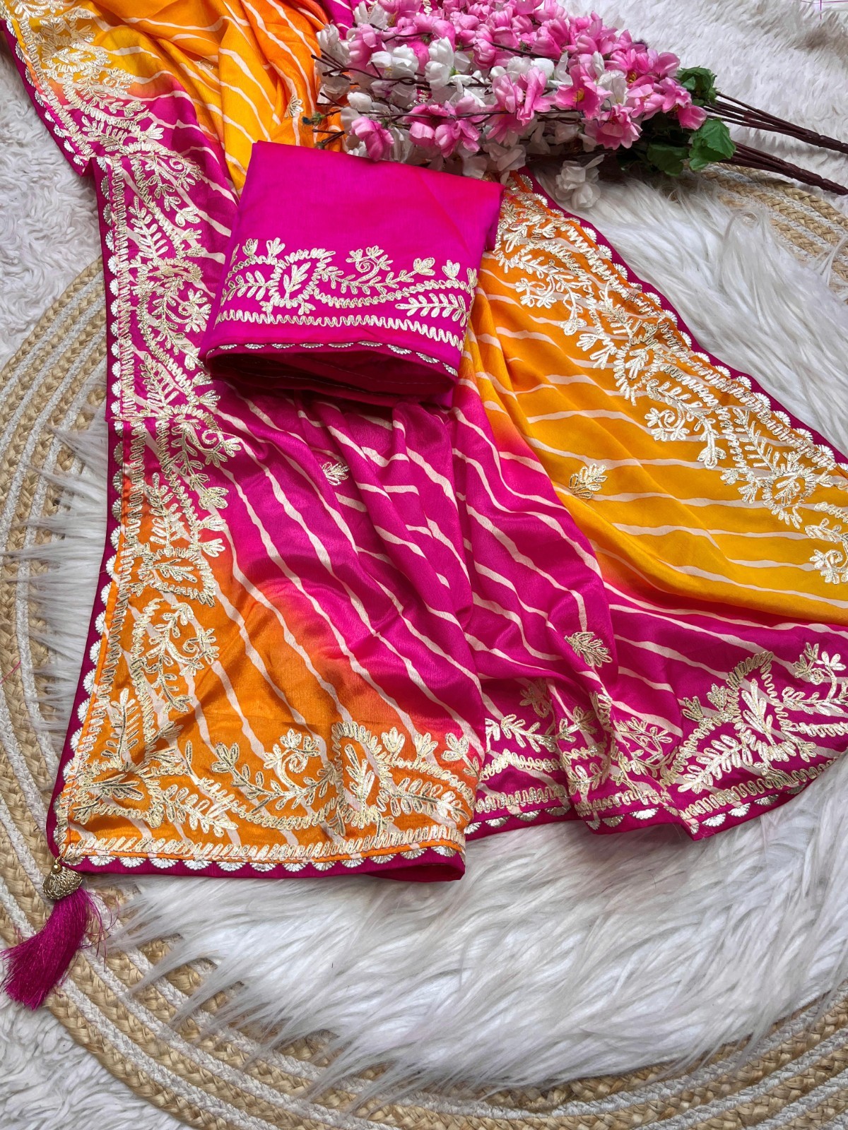 Chinon Silk Leheriya Saree Gota Patti Pallu Pink Orange Ombre Indian Wedding Wea
