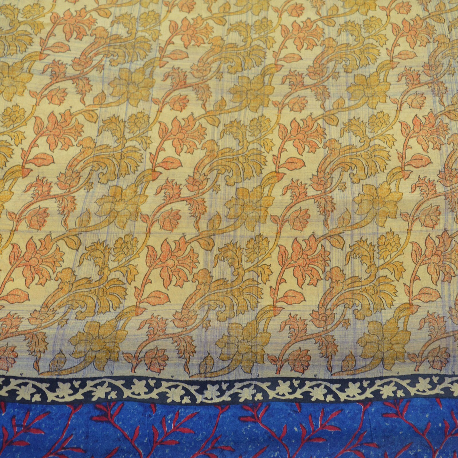 Indian Vintage Sari Beige & Blue Pure Georgette Silk Sarees Craft Fabric Sewing