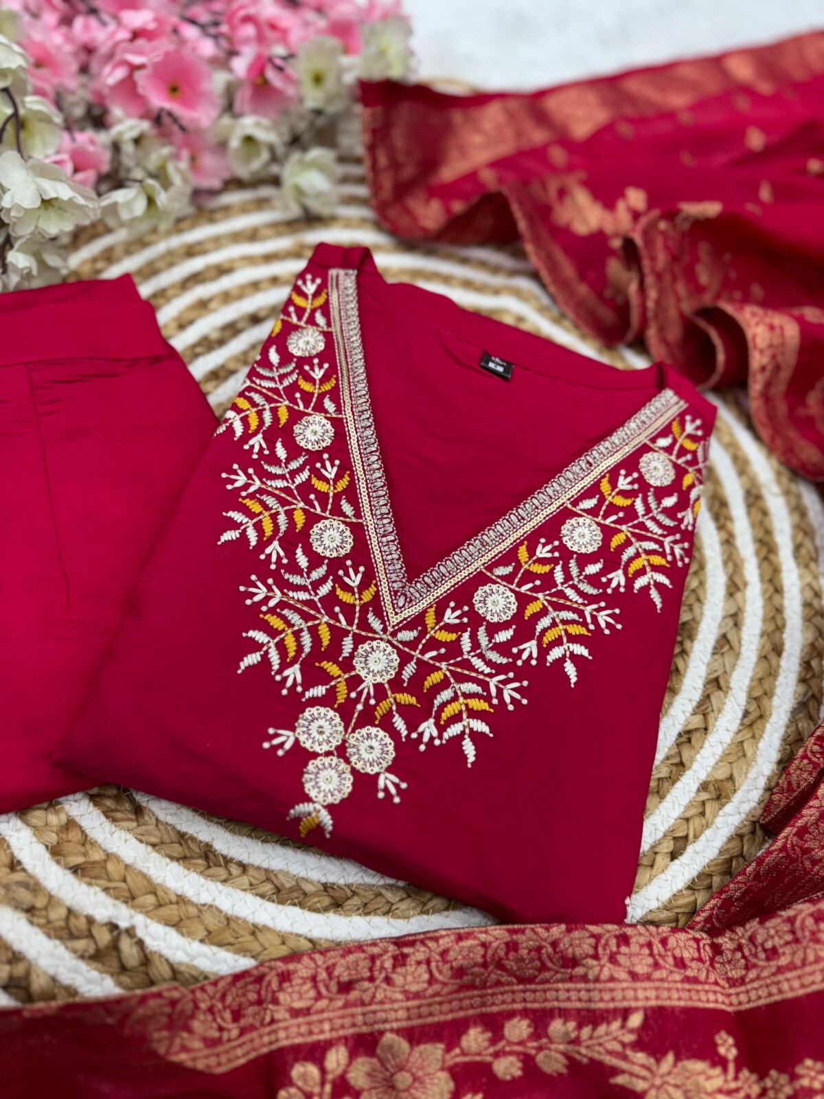 Indian Wedding Wear Kurta Palazzo Dupatta Set Christmas Wear Red Salwar Kameez