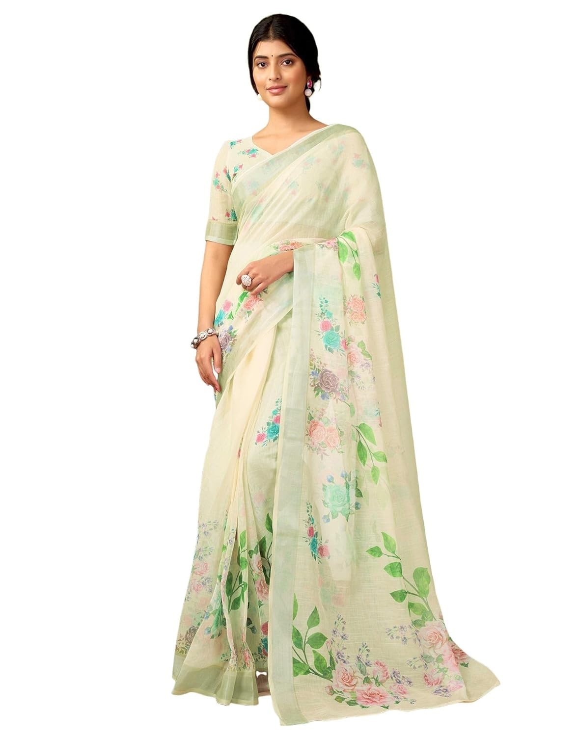 Women’s Cotton Linen Printed 1 Minute Ready to Wear Saree With Blouse Piece