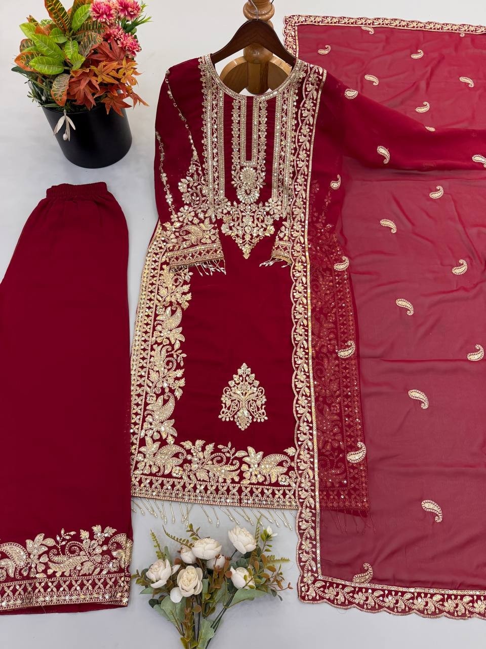 New Designer Maroon Faux Georgette Salwar Kameez With Dupatta For Wedding Wear