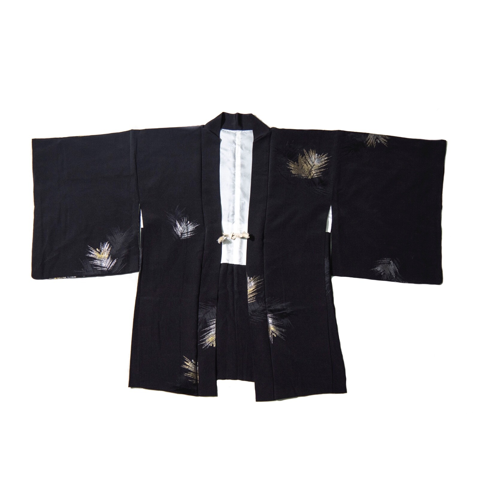 black gold and silver feather embroidered silk antique short kimono haori