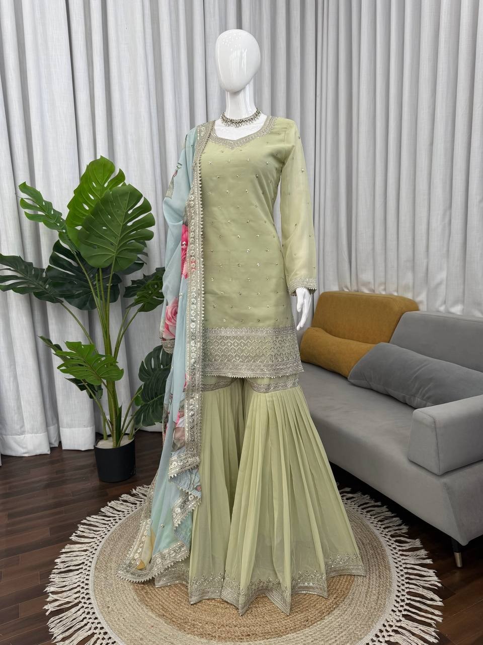 New Faux Georgette Sage Green Top Palazzo With Dupatta For Ethnic Wear