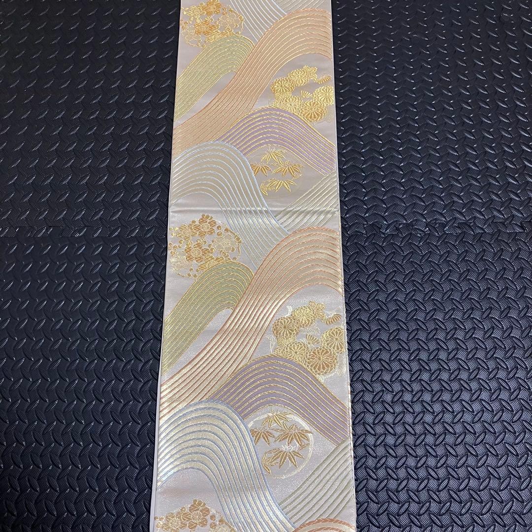 Japanese Silk Fukuro Obi Silver Gold Floral Roundel Curved Line 440 x 30.5 cm
