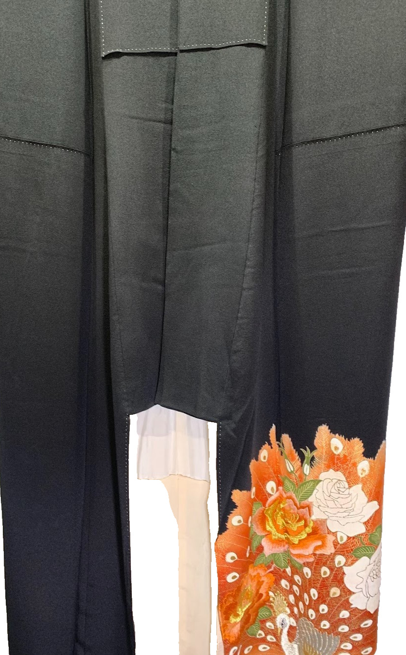 Vintage Silk Kurotomesode Kimono Peacock Embroidery Gold S 25.2in Yuki Japan